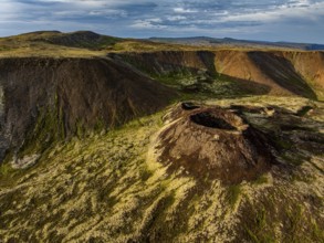 Volcano, crater, aerial view, evening light, summer, Eldborg, Reykjanes Peninsula, Iceland