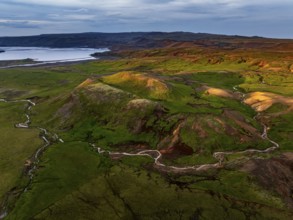 Mountain landscape, hot springs, aerial view, evening light, summer, Krysuvik, Reykjanes Peninsula,