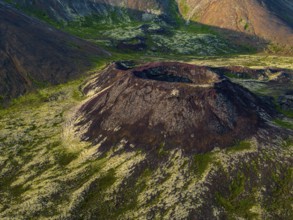 Volcano, crater, aerial view, evening light, summer, Eldborg, Reykjanes Peninsula, Iceland