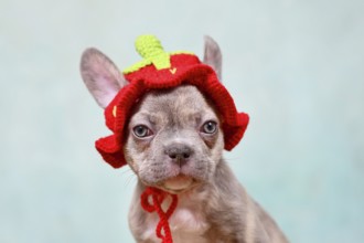 Cute young Lilac Brindle French Bulldog dog puppy with knitted strawberry hat
