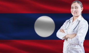 Female doctor on Laos flag. Doctor with crossed arms on Laos flag. Laos health and care concept