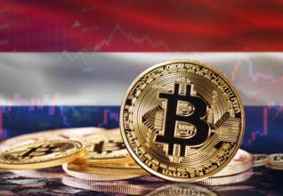 Bitcoin with Netherlands flag in the background. Investors in cryptocurrency and Blockchain