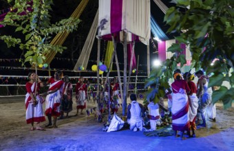 Members of the tea tribe community holds a karam tree as they celebrate the vibrant Karam Festival