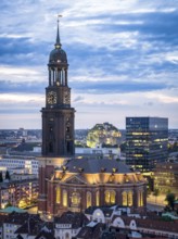 Aerial view of St Michael's Church with a view of the Hamburg bunker at blue hour, Hamburg, Germany