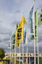 IFA flags fly in front of the south entrance of Messe Berlin at the IFA consumer electronics