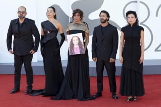 Venice, Italy - 3 September 2025: Amer Hlehel, Saja Kilani, Kaouther Ben Hania, Motaz Malhees and