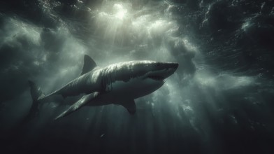 A shark swims majestically through dark water, illuminated by rays of sunlight, AI generated