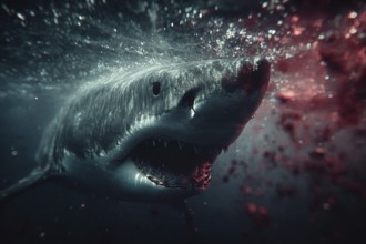 A shark swims menacingly in blood-soaked water with open mouth and sharp teeth, AI generated, AI