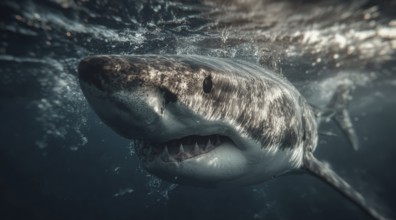 A shark swims near the surface in dark water, AI generated, AI generated