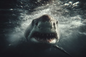 A shark in front view approaches menacingly under water, AI generated, AI generated