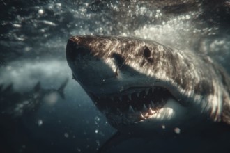 Close-up of a shark with open mouth and visible teeth under water, AI generated, AI generated