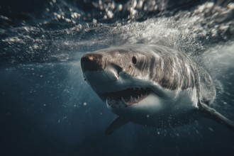 A shark swims rapidly through the water, surrounded by splashing water, AI generated