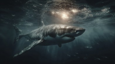 A shark swims in deep water, illuminated by rays of sunlight in a dark and mystical atmosphere, AI