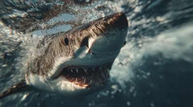 A shark swims dynamically underwater, with open jaws and visible teeth in a blue environment, AI