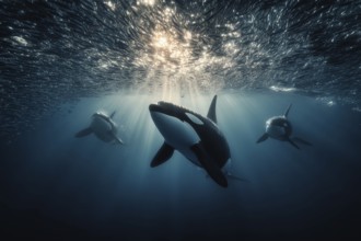 Three orcas swim underwater in a shoal of herring in the penetrating sunlight, AI generated, AI