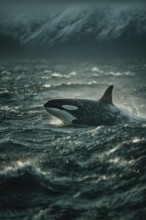 An orca crosses the stormy and wavy sea in rough weather conditions, AI generated, AI generated