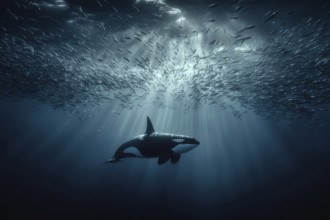 An orca swims beneath a swarm of herring in the oceanic depths, pierced by sunlight, AI generated,