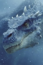 Portrait, close-up of an underwater dinosaur, dinosaur under the water surface, illuminated by sun