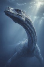 Long-necked underwater dinosaur, dinosaur swims majestically under the water surface, illuminated