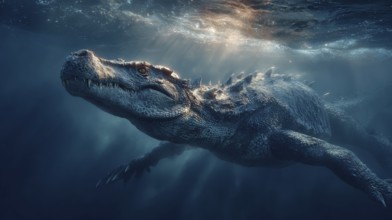 A dinosaur underwater dinosaur, dinosaur swims majestically under the water surface, illuminated by