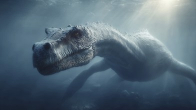 A dinosaur underwater dinosaur, dinosaur swims majestically under the water surface, illuminated by
