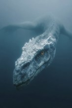 Underwater dinosaur, dinosaur swims majestically under the water surface, illuminated by sunbeams,