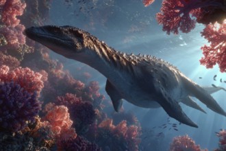 A dinosaur, underwater dinosaur, pliosaur swims through a colourful underwater world with sunbeams