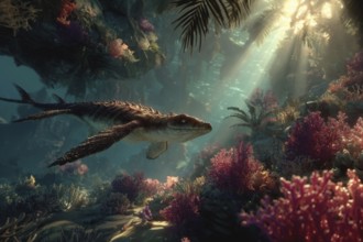 A dinosaur, underwater dinosaur, pliosaur swims through a colourful underwater world with sunbeams