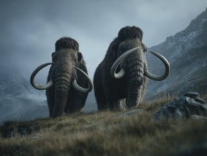 Two mammoths stand in a misty, mountainous landscape that conveys a dark and menacing atmosphere,