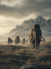 A herd of mammoths marches through a grassy landscape in front of a mountain range, AI generated,