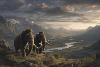 Two mammoths walking in a mountainous landscape with a river in the background, AI generated, AI
