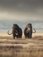 Two mammoths stand in a vast, tranquil steppe landscape with distant mountains, AI generated