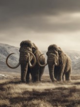 Two mammoths wander through a rough, brown-grey landscape with mountains in the background, AI