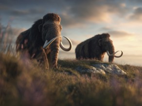 Two mammoths stand in a warm, peaceful landscape at sunset, surrounded by grass and clouds, AI