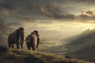 Two mammoths look down from a hill onto a wide valley at sunset, AI generated, AI generated