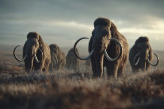 Mammoths stride through a barren and cold steppe at dusk, AI generated, AI generated