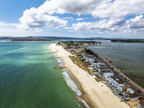 Sandbanks Beach from drone, Poole, Dorset, England, United Kingdom