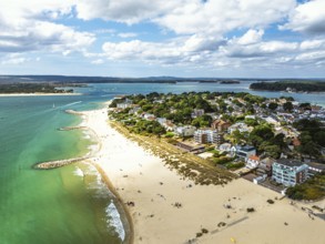 Sandbanks Beach from drone, Poole, Dorset, England, United Kingdom