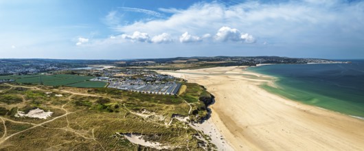 Panorama of Hayle Beach and Hayle Estuary from drone, St Ives Bay, Cornwall, England, United