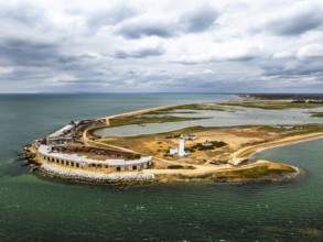 Hurst Point Lighthouse and Hurst Castle from drone over Hurst Spit, Milford on Sea, Lymington,