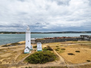 Hurst Point Lighthouse and Hurst Castle from drone over Hurst Spit, Milford on Sea, Lymington,