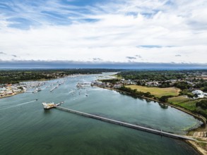 River Hamble over Warsash Maritime Academy Pier from drone, Hamble-le-Rice, Warsash, Southampton