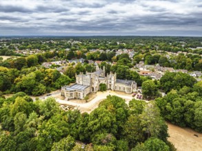 Highcliffe Castle from drone, Highcliffe, Dorset, England, United Kingdom
