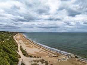 Highcliffe Beach from drone, Highcliffe, Dorset, England, United Kingdom