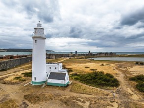 Hurst Point Lighthouse and Hurst Castle from drone over Hurst Spit, Milford on Sea, Lymington,