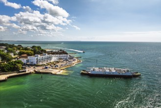 Sandbanks ferry from drone, Poole, Dorset, England, United Kingdom