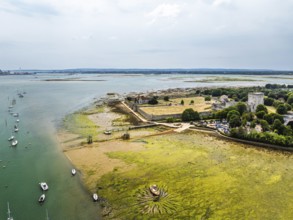 Portchester Castle from drone, Portchester, Fareham, Hampshire, England, United Kingdom