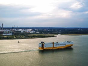 Grimaldi Lines Vehicles Carrier Grande Texas over refinery Esso Oil Terminal from drone,