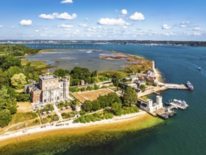 Brownsea Castle on Brownsea Island from a drone, Poole, Dorset, England, United Kingdom