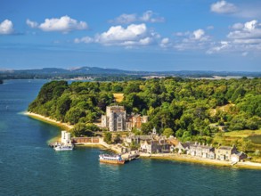 Brownsea Castle on Brownsea Island from a drone, Poole, Dorset, England, United Kingdom